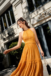 Halter Neck Pleated Midi Silk Dress with Tiered Skirt and Flowy Silhouette